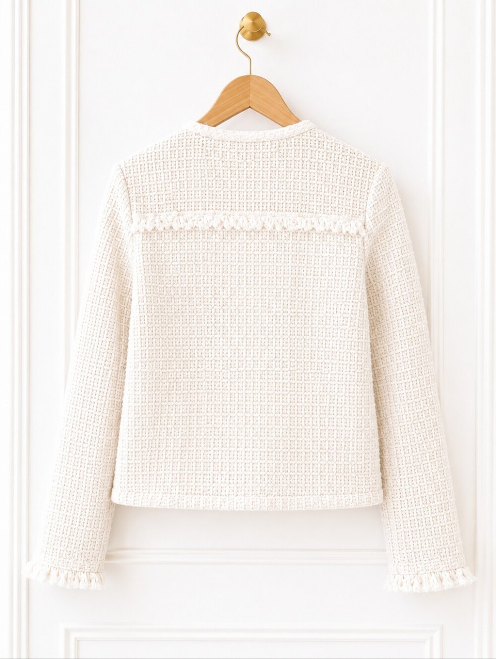 Anne Klein Ivory Textured Knit Fringe Cropped Jacket | Size LP | Quiet Luxury - Picture 6 of 10